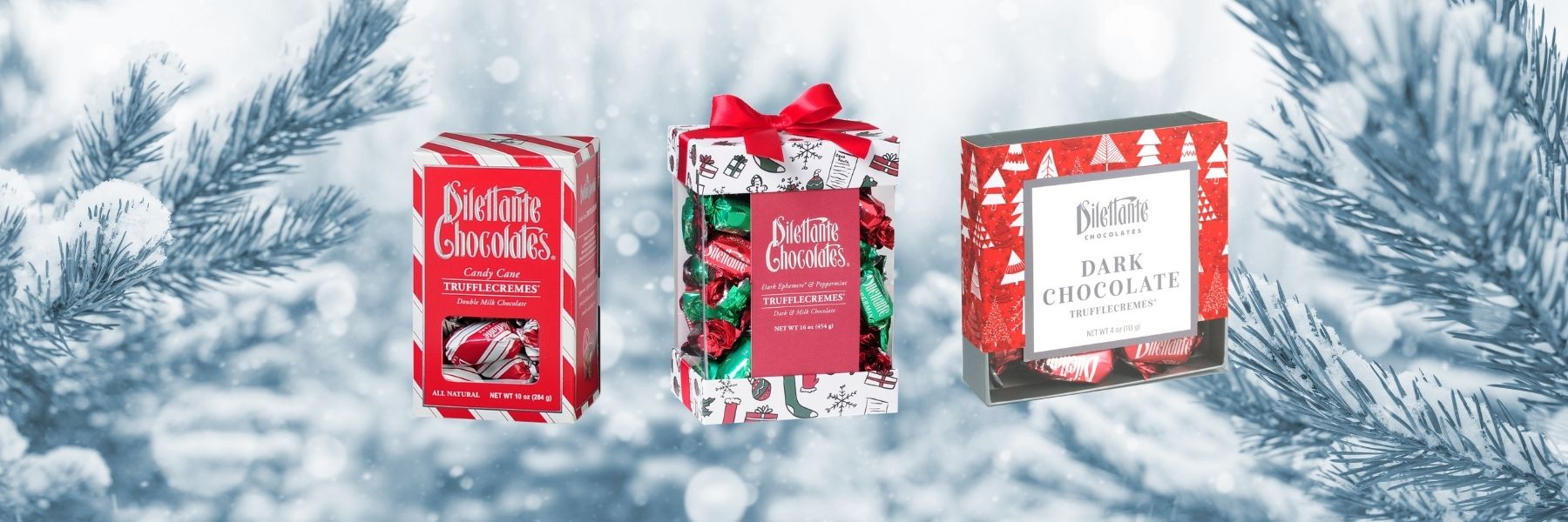 Dilettante Chocolates Holiday Gift Collection Featuring Peppermint Cane TruffleCremes, Christmas Gift Boxes, and More