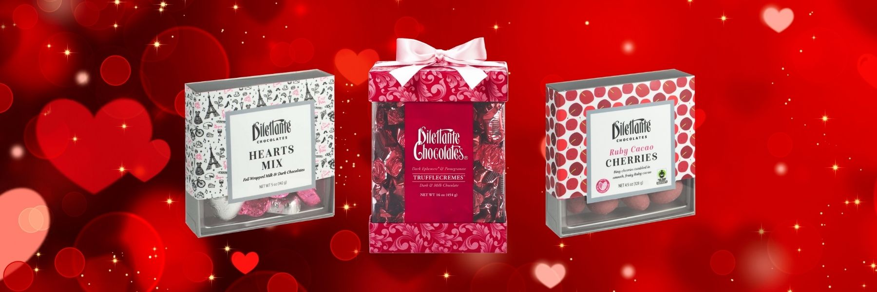 Dilettante Chocolates Valentines Gift Collection Featuring Milk Chocolate Heart Foils, Pomegranate TruffleCremes and Ruby Cacao Bing Cherries