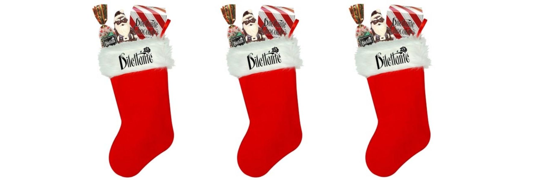 Dilettante Chocolates Packaged in Three Red Stockings Against a White Background
