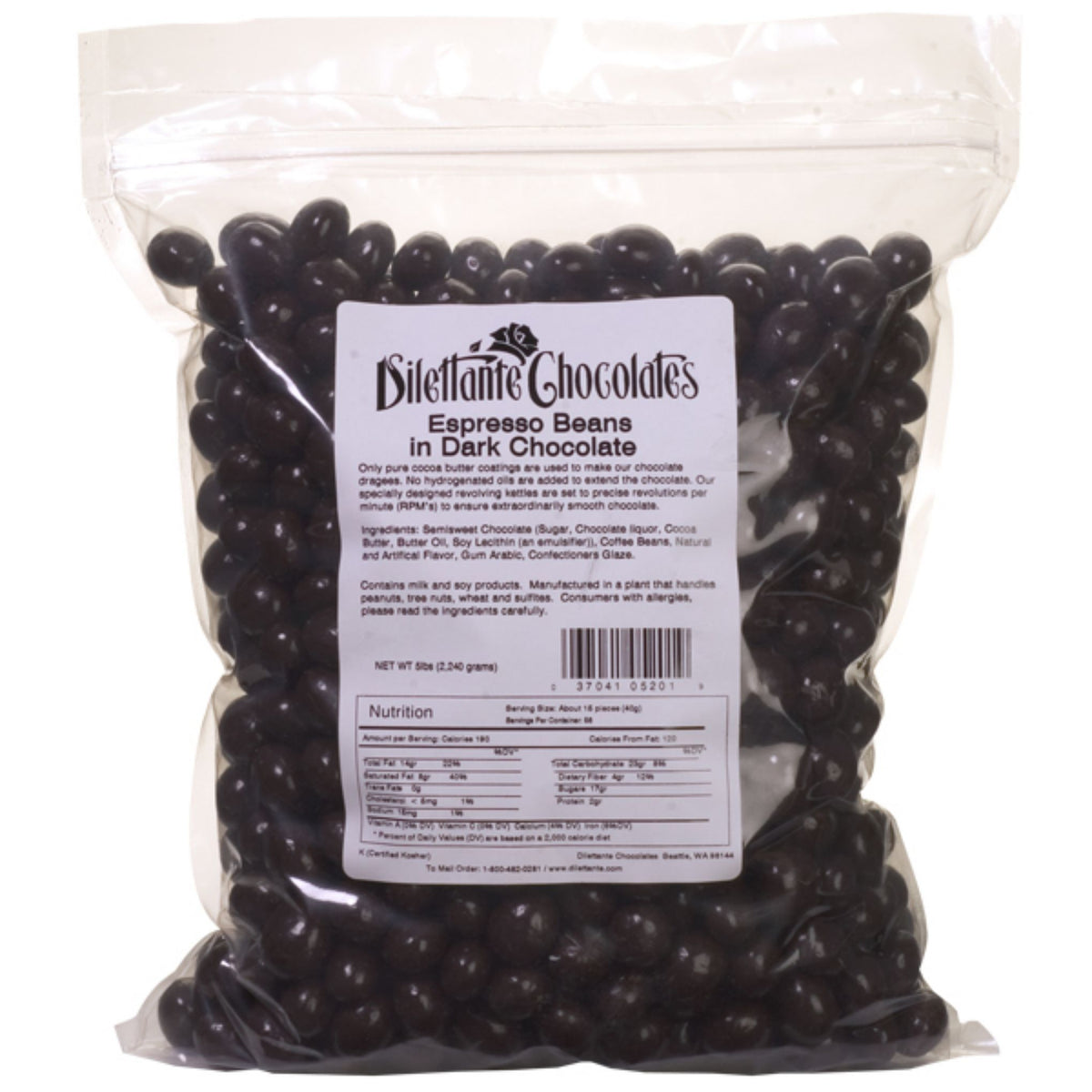 Dilettante Chocolates Espresso Beans in Dark Chocolate Placed Inside a 5-Pound Bulk Bag