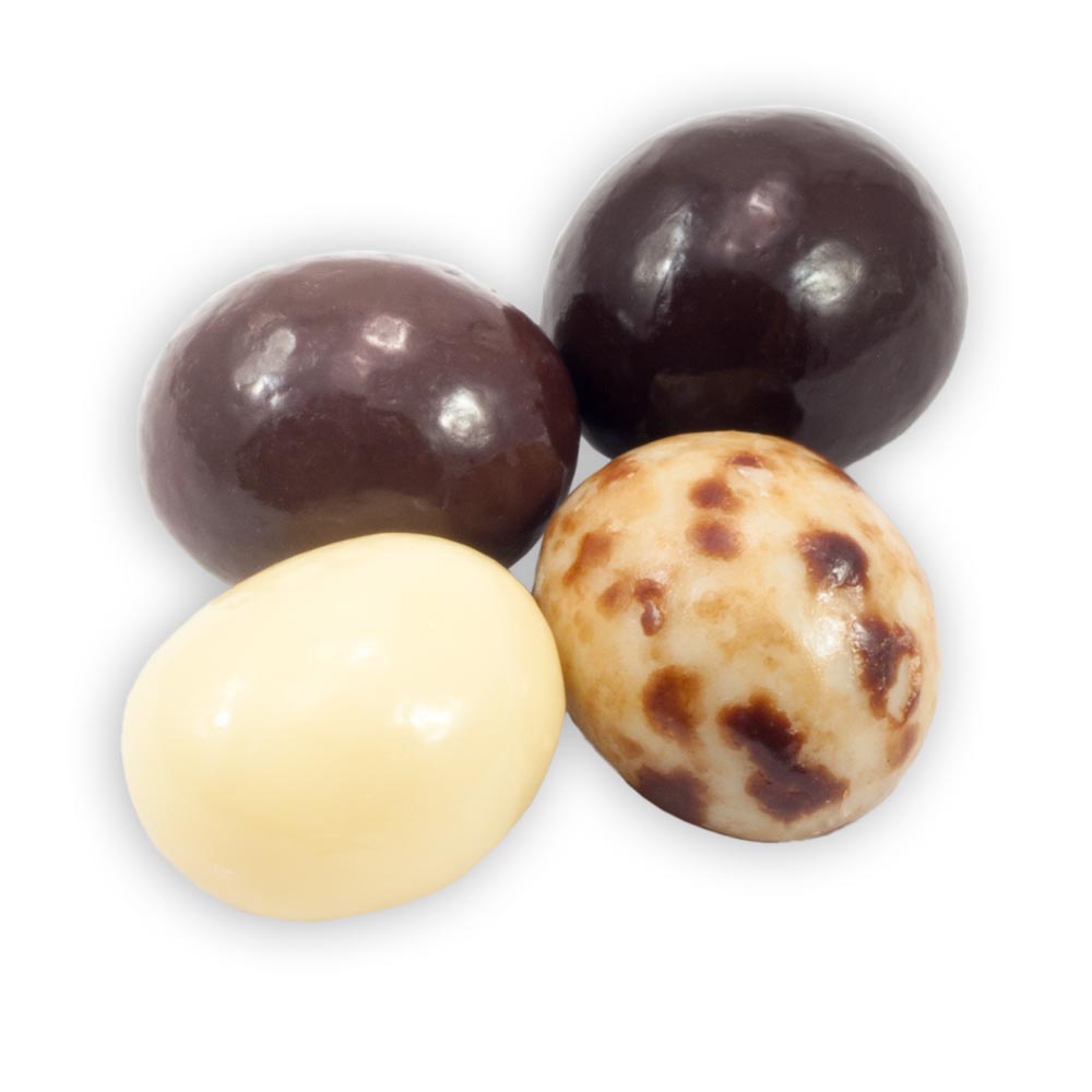 Dilettante Chocolates Bulk Espresso bean Blend Featuring Espresso Beans in White, Milk, and Dark Chocolate