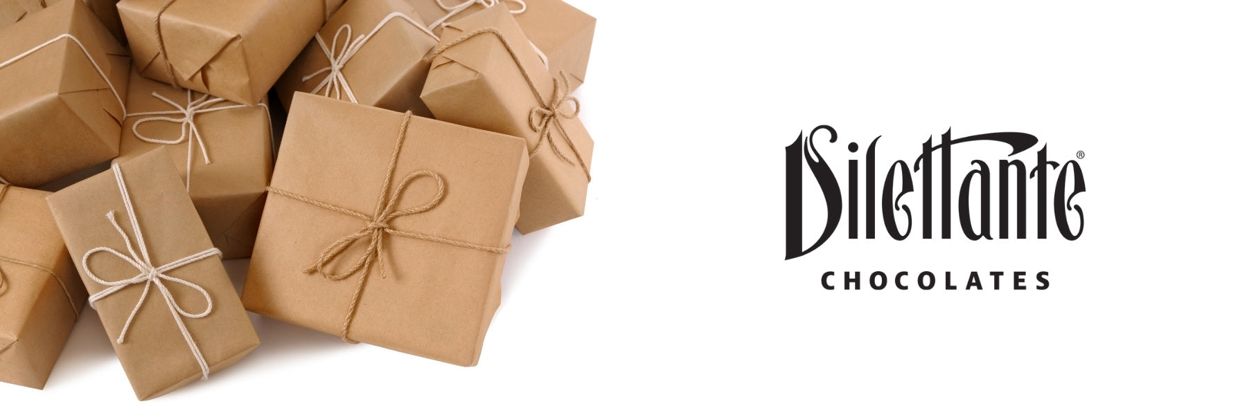 Brown Packages beside the Dilettante Chocolates Logo