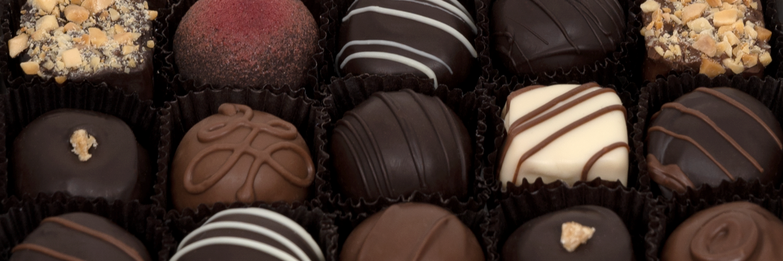 Dilettante Chocolates chocolate truffle banner featuring white, milk, and dark chocolates