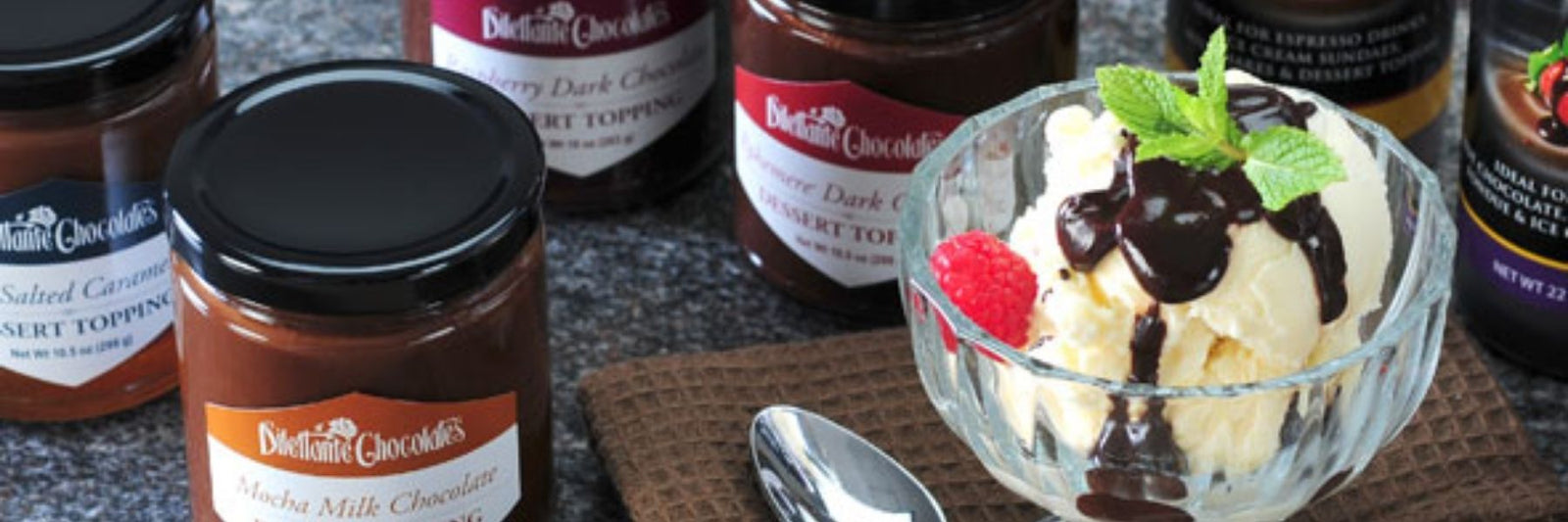 Dilettante Chocolates Dessert Toppings on an Ice Cream Sundae