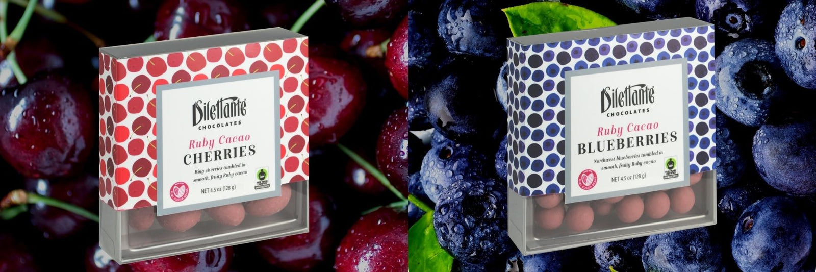 Dilettante Chocolates Ruby Cacao Bing Cherries and Blueberries made with Real Dried Fruit