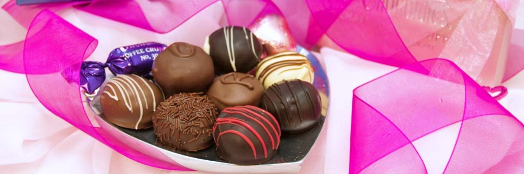 Dilettante Chocolate Truffles on a Heart-Shaped Plate with Pink Ribbon