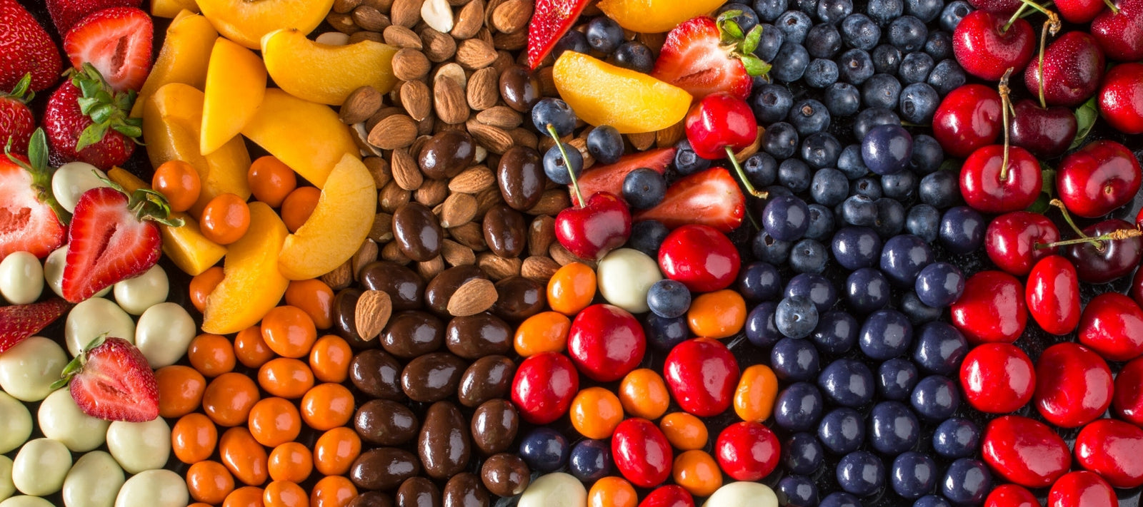 Dilettante Chocolates Chocolate-Covered Candy Flavors featuring cherries, blueberries, apricots, and strawberries.