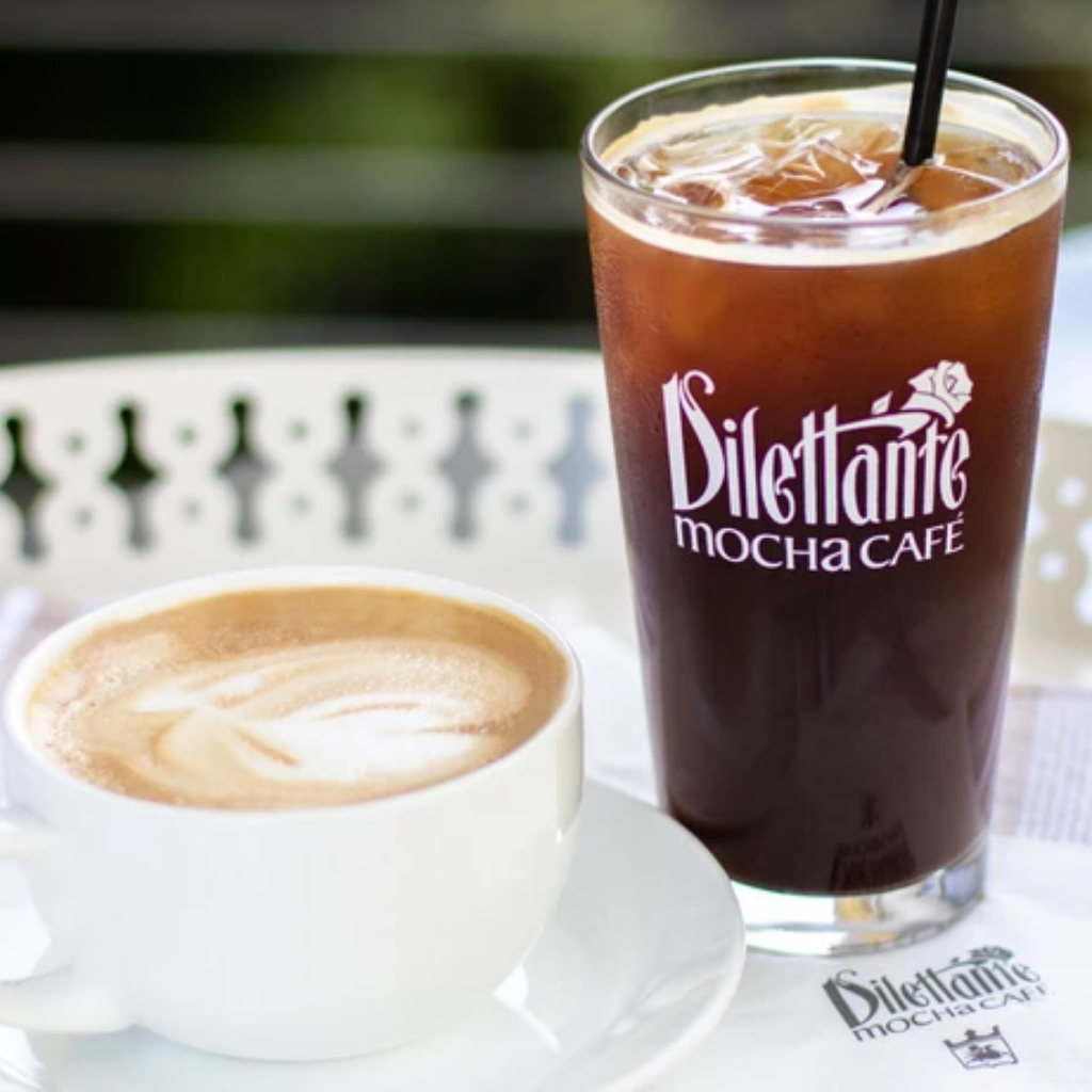 Dilettante Chocolates Mocha Cafe iceed and hot coffee drink on a warm summer day