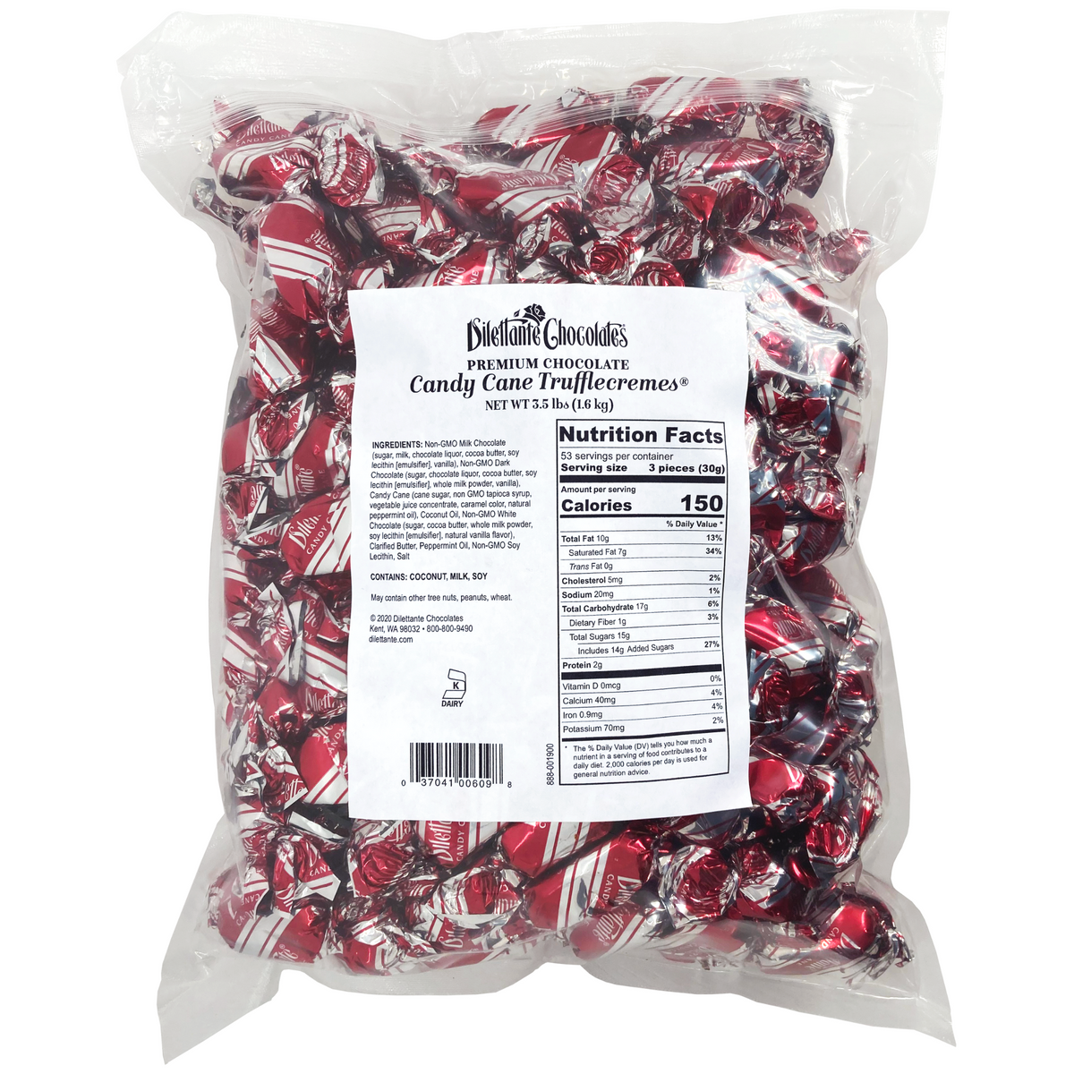 Dilettante Chocolates Candy Cane TruffleCremes featuring milk chocolate and real candy cane pieces