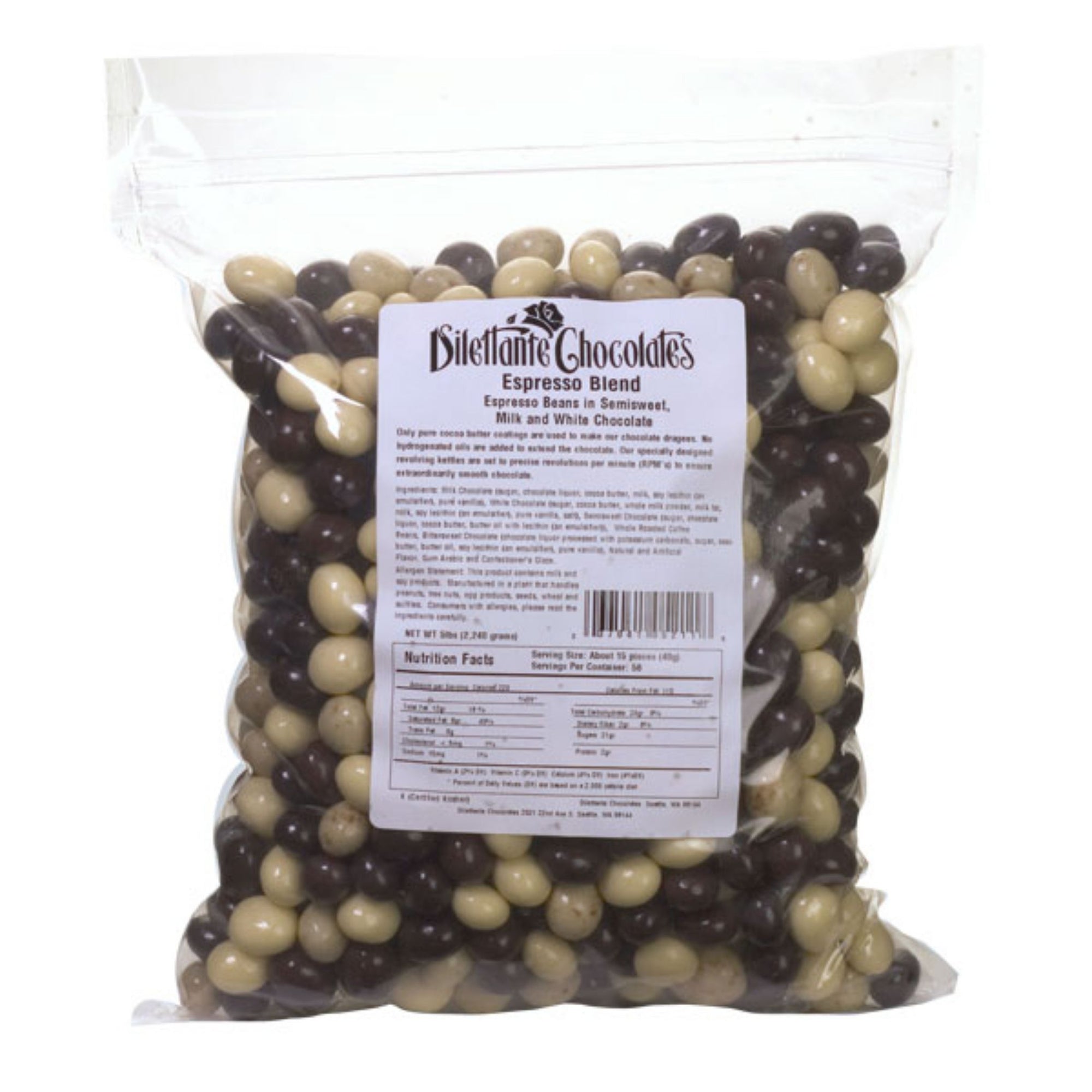 Dilettante Chocolates Bulk Espresso bean Blend Featuring Espresso Beans in White, Milk, and Dark Chocolate