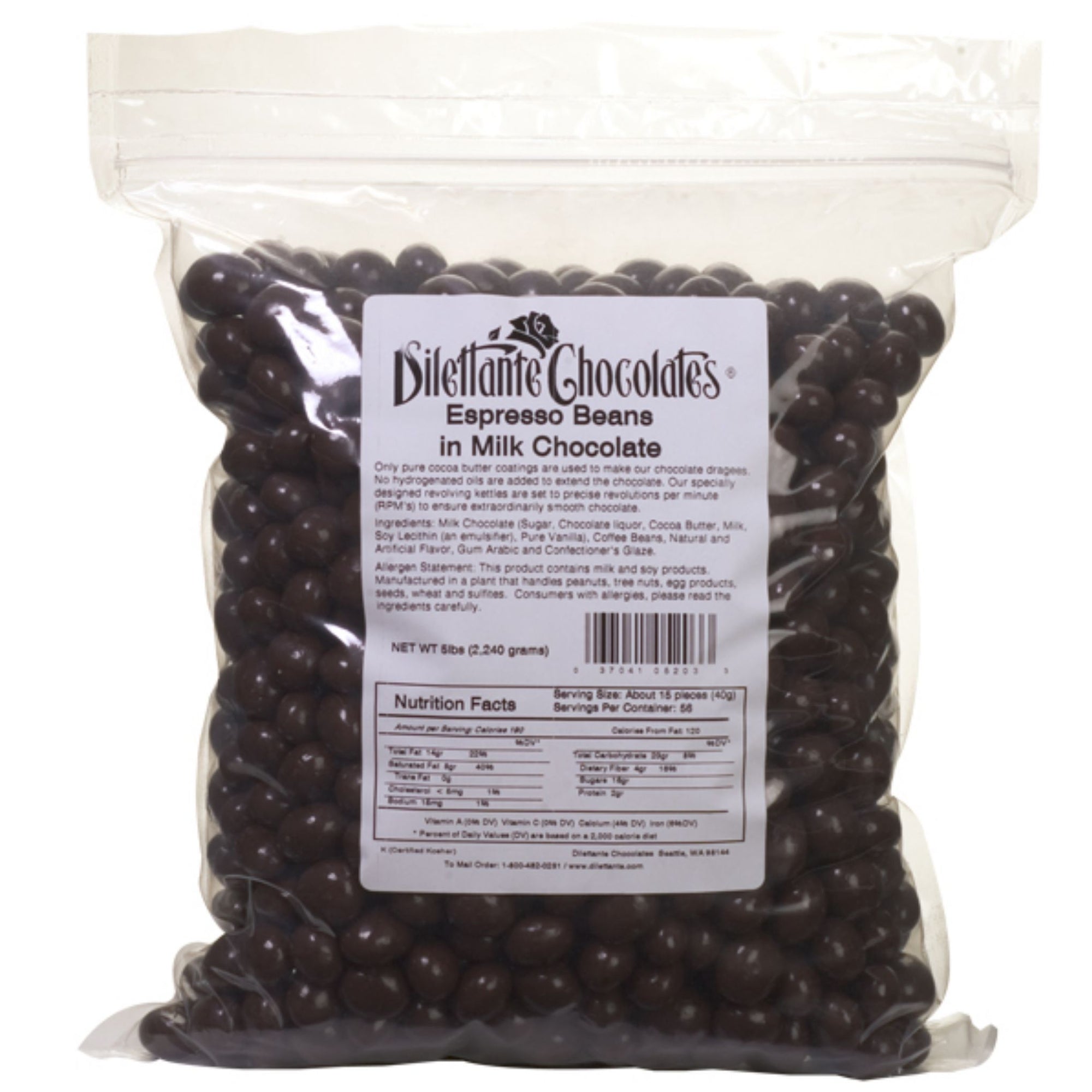 Dilettante Chocolates Espresso beans in Milk Chocolate in a Bulk 5-Pound Bag