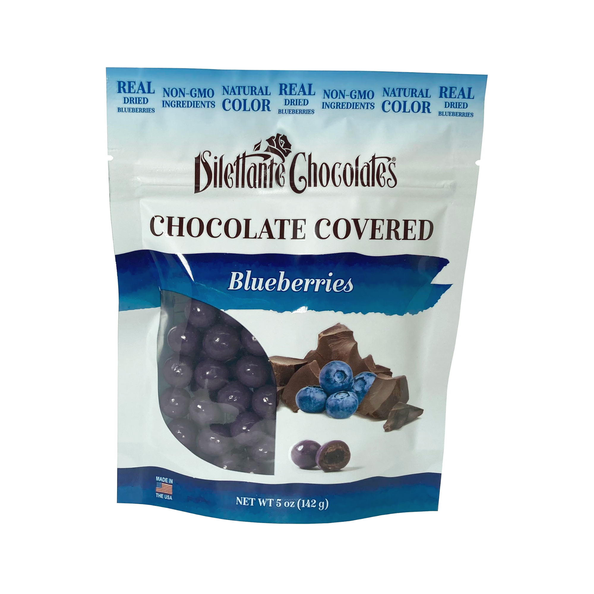 Dilettante Chocolates Chocolate Covered Blueberries in a small 5-ounce pouch