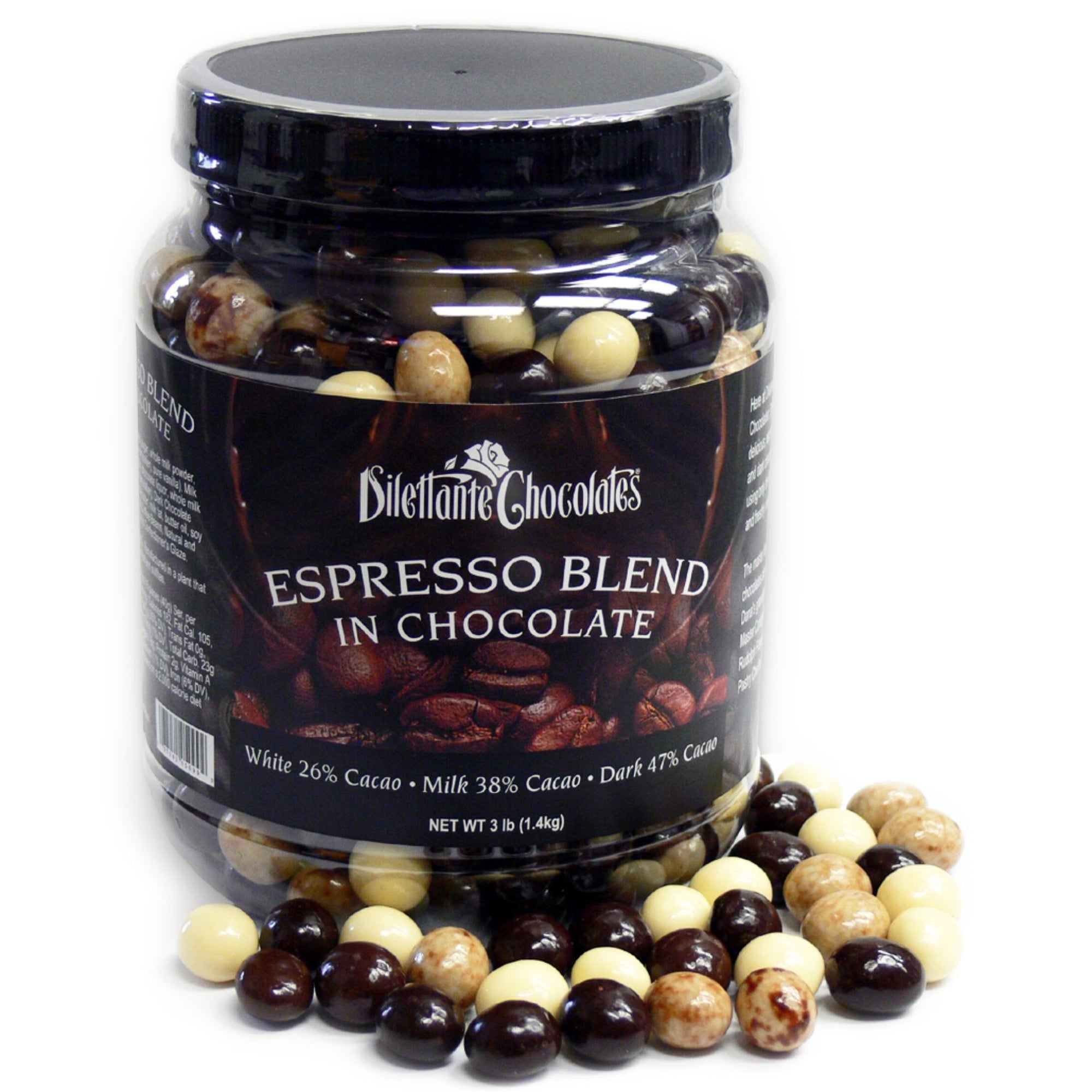 Dilettante Chocolates Bulk Chocolate-Covered Espresso Beans in a 3-Pound Jar Featuring Espresso Beans in Milk, White, and Dark Chocolate