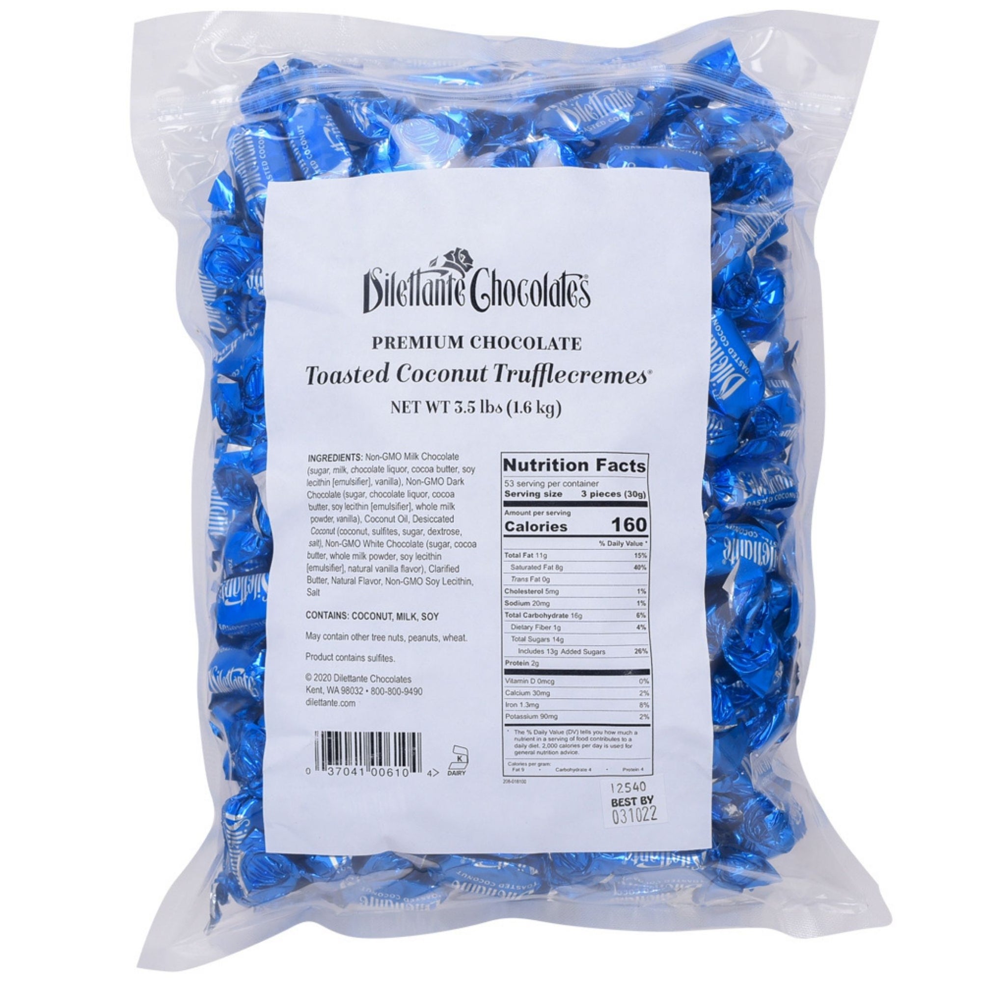 Dilettante Chocolates Premium Chocolate Toasted Coconut TruffleCremes in a  3.5lb Bulk Bag