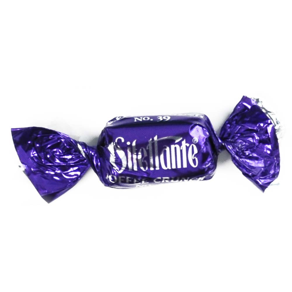 Dilettante Chocolates Toffee Crunch TruffleCremes Coated in Milk Chocolate and Packaged in Bright Purple Foils
